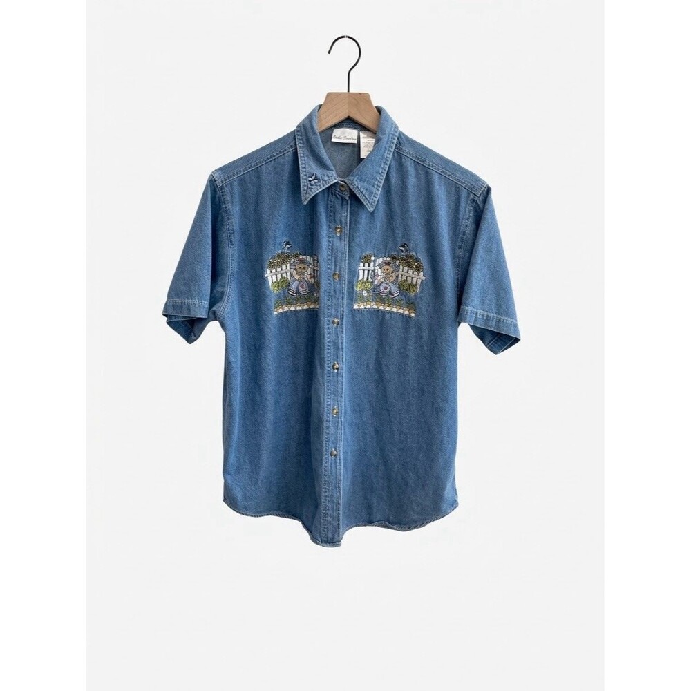 Vintage 90s Bobbie Brooks Gardening Teddy Bear Embroidered Denim Shirt Women L